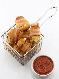 Deep Fried Bacon Wrapped Cheese Curds