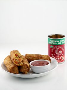 Bacon Cheeseburger Egg Rolls With Sriracha Diced Tomatoes & Red Chilies