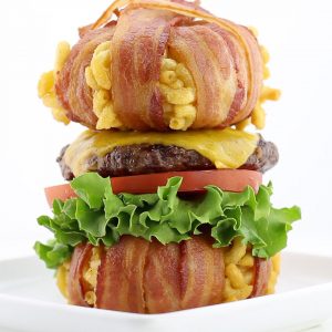 The Bacon Wrapped Macaroni and Cheese Bun Cheeseburger