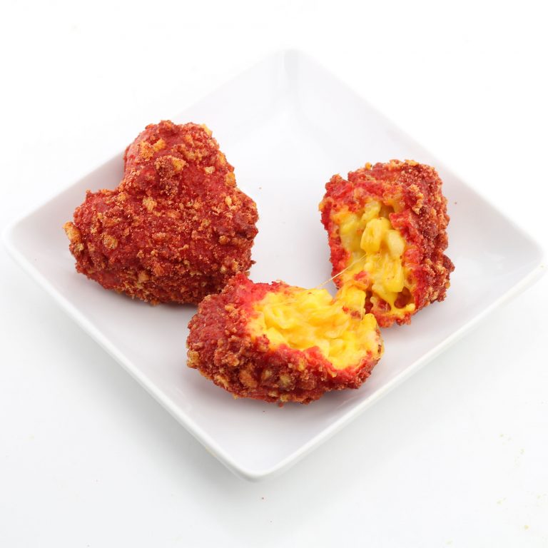 Deep Fried Flamin' Hot Cheetos Breaded Macaroni and Cheese Hearts