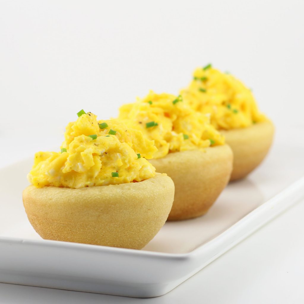 Scrambled Eggs in Edible Pancake Bowls - DudeFoods.com - Food Recipes