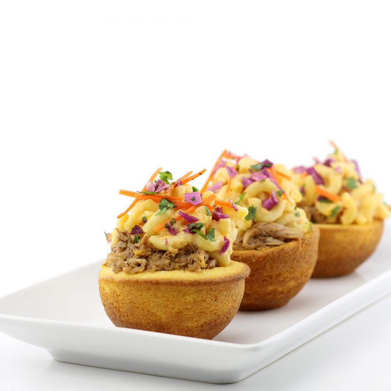 Pulled Pork, Mac & Cheese & Red Cabbage Slaw in Edible Cornbread Bowls
