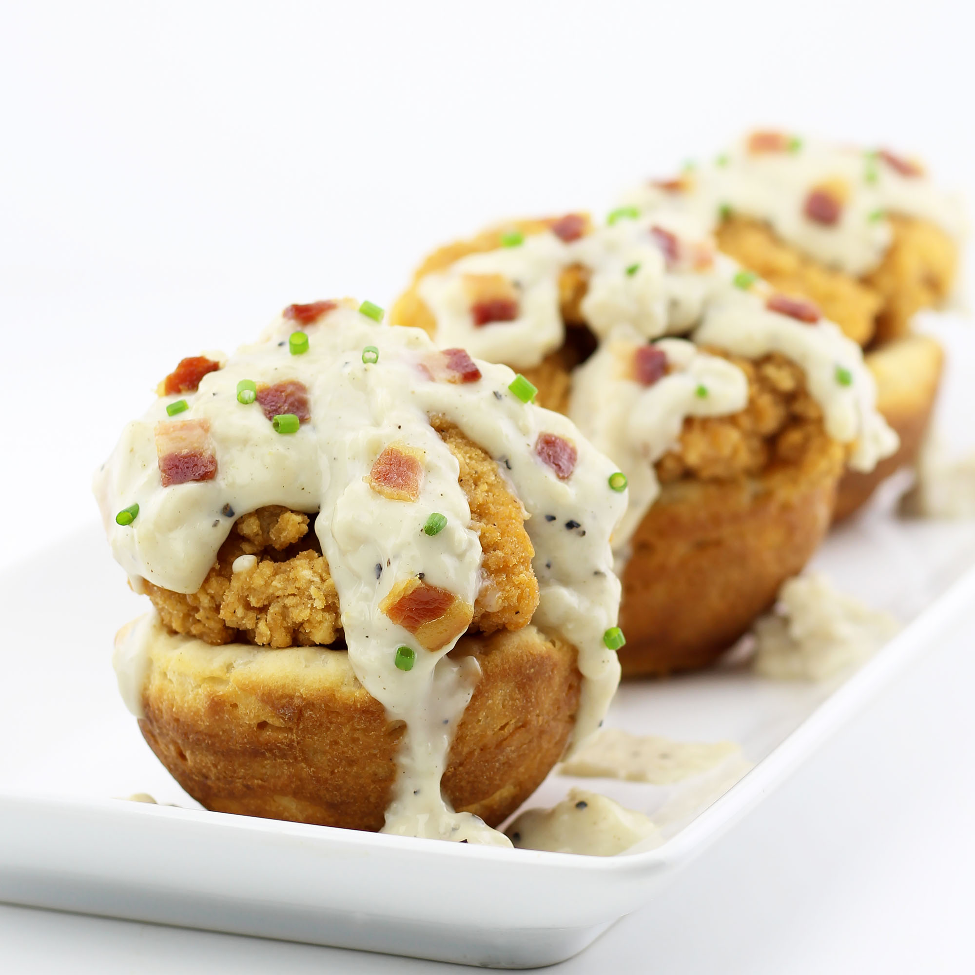 Popcorn Chicken and Bacon Country Gravy in Edible Biscuit Bowls