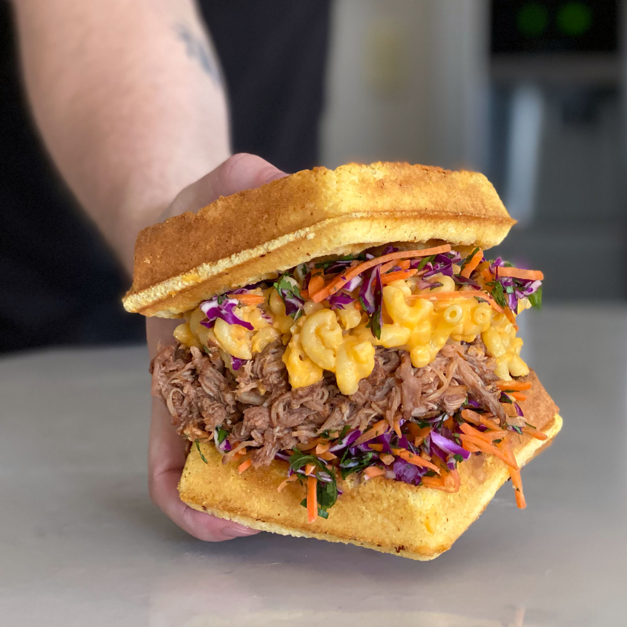 Cornbread Waffle Pulled Pork Sandwiches